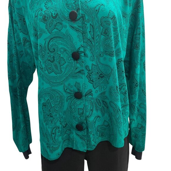 Jon Albert Womens Large Teal Paisley Button-Up Cardigan Sweater With Black Trim - Picture 4 of 6